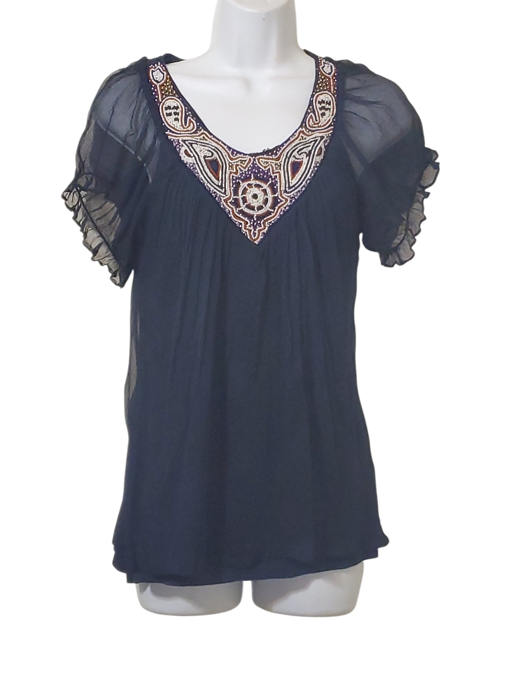 Akiko Navy Beaded V‑Neck Silk Sheer Sleeve Blouse